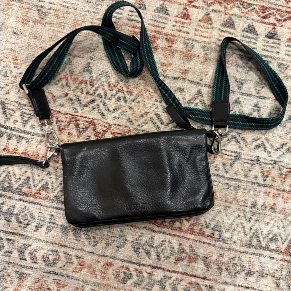 Consuela Black Crossbody Bag with Green Strap
